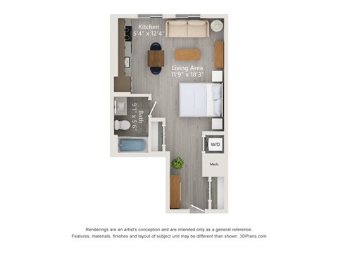 A floor plan of a small apartment with a kitchen, living area, and a bathroom.